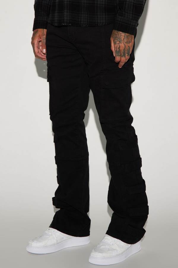 Black Fashion Nova Cadell Stacked Slim Flare Cargo Men Pants USA | 095817GLA