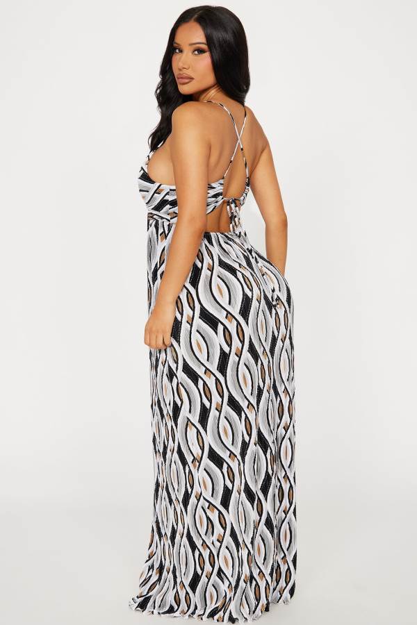 Black Fashion Nova Celeste Plisse Printed Maxi Women Dress USA | 536942JNU