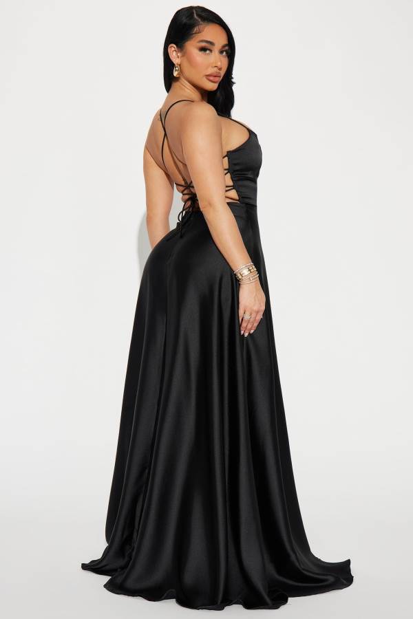 Black Fashion Nova Clara Satin Maxi Women Dress USA | 035918SJV