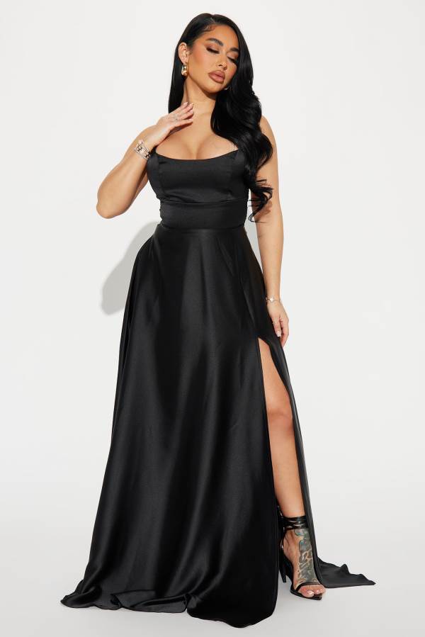 Black Fashion Nova Clara Satin Maxi Women Dress USA | 035918SJV