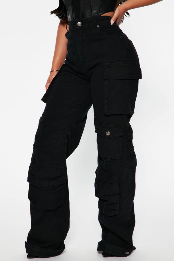 Black Fashion Nova Courtney Cargo Women Jeans USA | 951083MTP