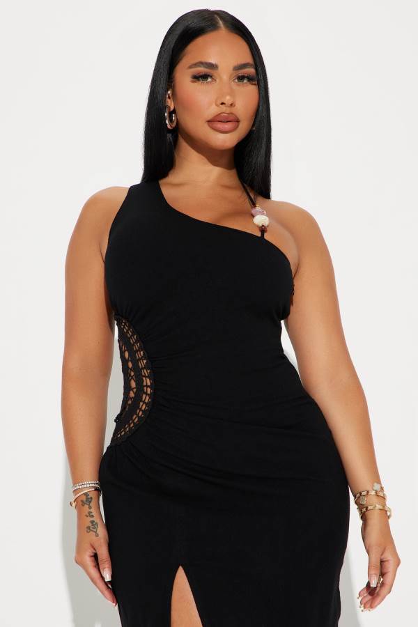 Black Fashion Nova Cruising Linen Maxi Women Dress USA | 567214SDB