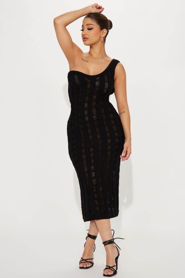 Black Fashion Nova Curated Care Midi Women Dress USA | 354810ZOP