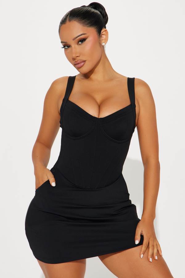 Black Fashion Nova Delvina Corset Snatched Sculpting 1 Piece Dress Women Swimsuit USA | 174503AJP