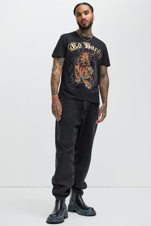 Black Fashion Nova Ed Hardy Crawling Tiger Short Sleeve Men T-Shirt USA | 893456ACF