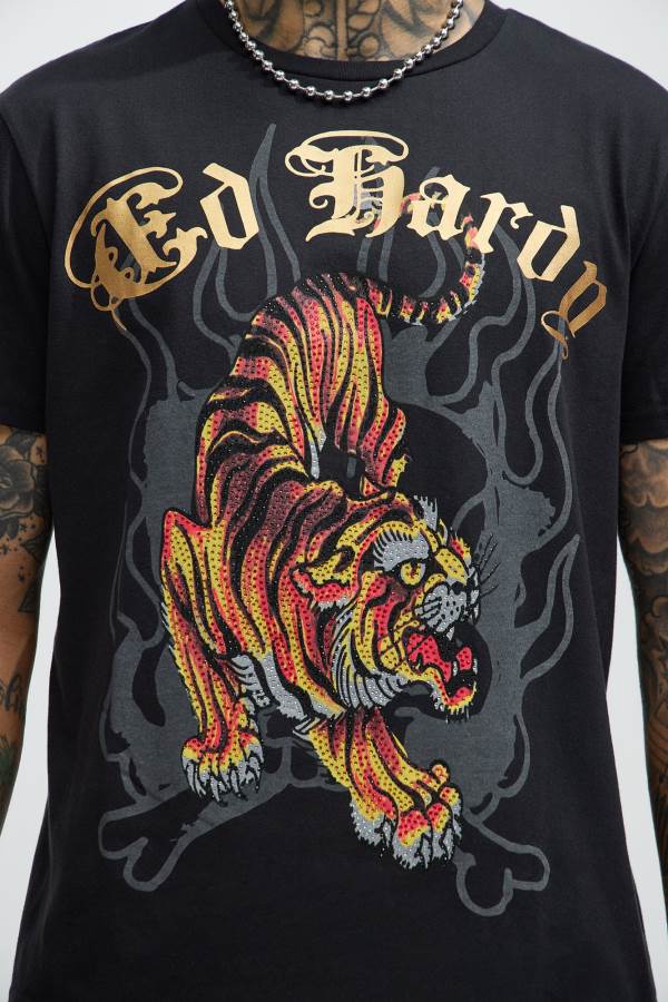 Black Fashion Nova Ed Hardy Crawling Tiger Short Sleeve Men T-Shirt USA | 893456ACF