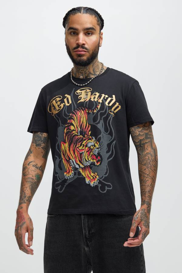 Black Fashion Nova Ed Hardy Crawling Tiger Short Sleeve Men T-Shirt USA | 893456ACF