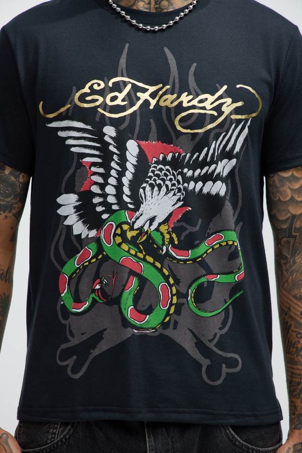 Black Fashion Nova Ed Hardy Eagle Snake Short Sleeve Men T-Shirt USA | 806135VGX