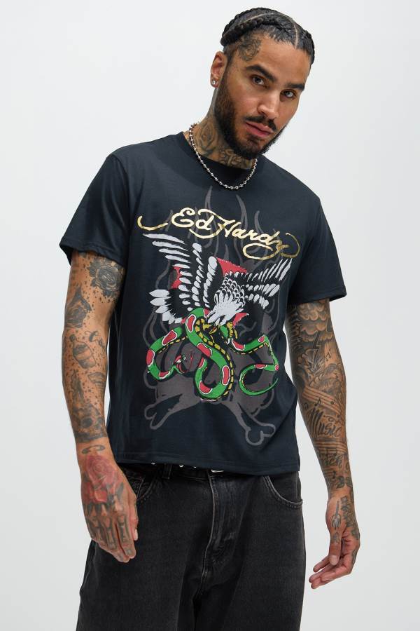 Black Fashion Nova Ed Hardy Eagle Snake Short Sleeve Men T-Shirt USA | 806135VGX