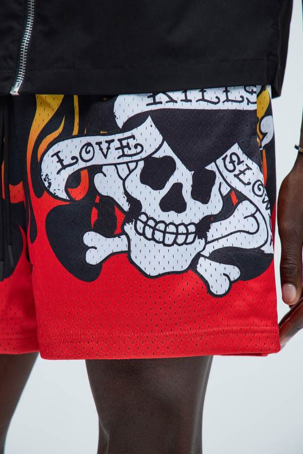 Black Fashion Nova Ed Hardy Fire Skulls Mesh Men Shorts USA | 347065CHI