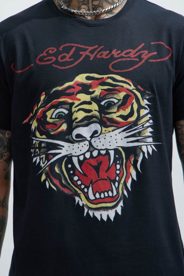 Black Fashion Nova Ed Hardy Retro Tiger Short Sleeve Men T-Shirt USA | 839650KVY