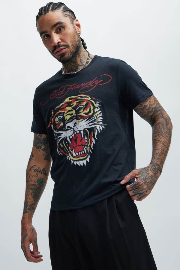 Black Fashion Nova Ed Hardy Retro Tiger Short Sleeve Men T-Shirt USA | 839650KVY