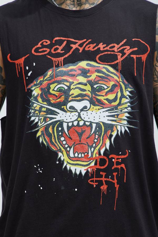 Black Fashion Nova Ed Hardy Retro Tiger Sleeveless Men T-Shirt USA | 814365NLJ