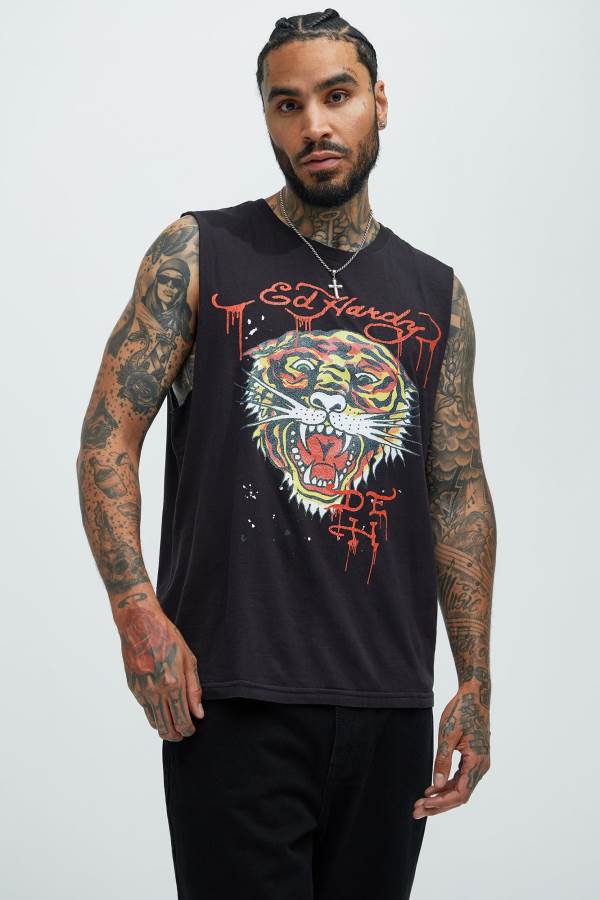 Black Fashion Nova Ed Hardy Retro Tiger Sleeveless Men T-Shirt USA | 814365NLJ