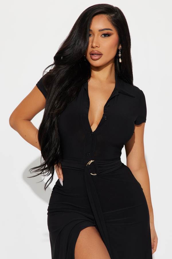 Black Fashion Nova Elise Button Up Midi Women Dress USA | 208134JWM