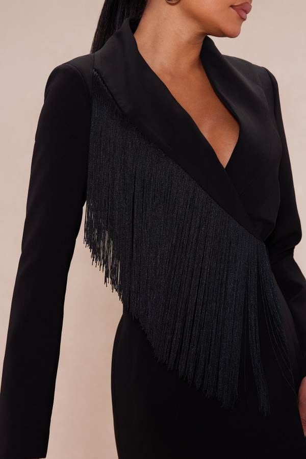 Black Fashion Nova Faye Fringe Blazer Women Dress USA | 619570CXJ