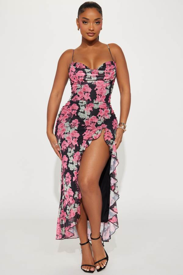 Black Fashion Nova Feeling Floral Mesh Maxi Women Dress USA | 940231HVN