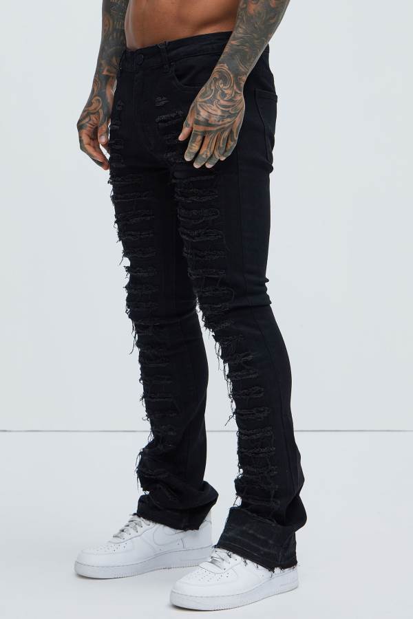 Black Fashion Nova Got Me Destroyed Stacked Skinny Flare Men Jeans USA | 645708IEN