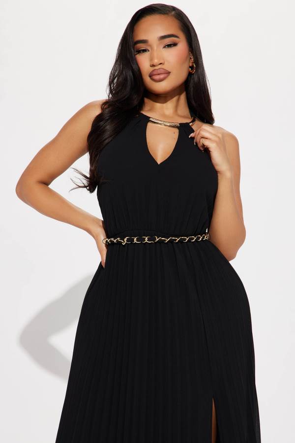 Black Fashion Nova Hanna Pleated Maxi Women Dress USA | 704392SIP