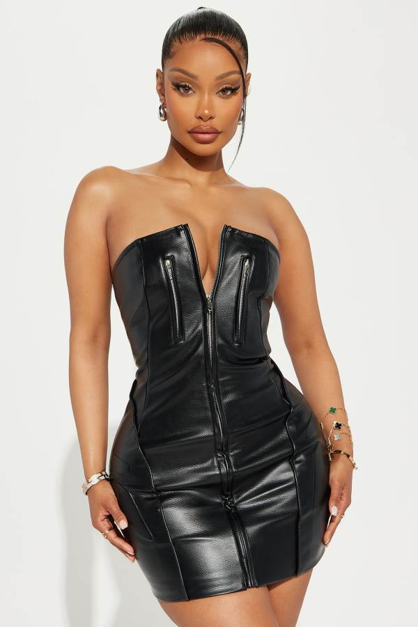 Black Fashion Nova Harley Strapless Faux Leather Mini Women Dress USA | 450923FKY