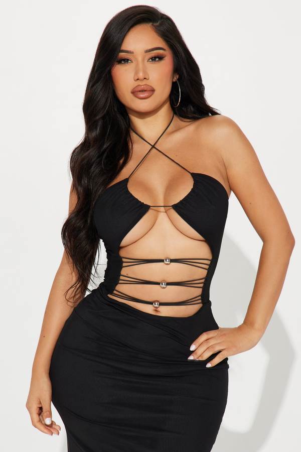 Black Fashion Nova Harper Mesh Maxi Women Dress USA | 715408IYK