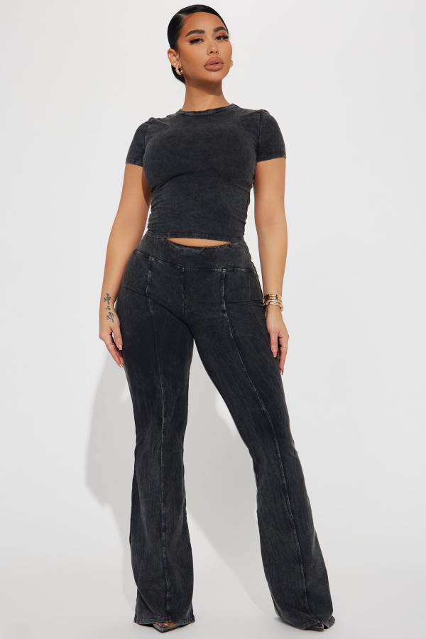 Black Fashion Nova Hear Me Out Mineral Wash Pant Set Women Pants USA | 679013POZ