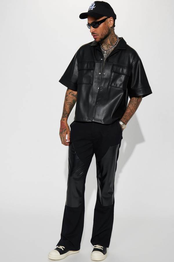 Black Fashion Nova High Stepper Faux Leather Button Up Men Shirts USA | 791034EJX