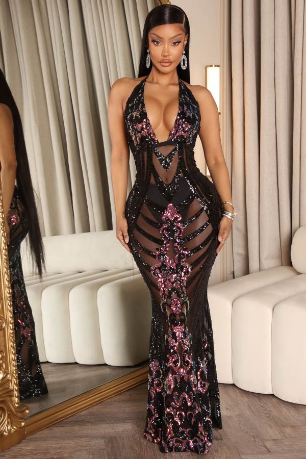 Black Fashion Nova Jayna Sequin Maxi Women Dress USA | 305784RXH