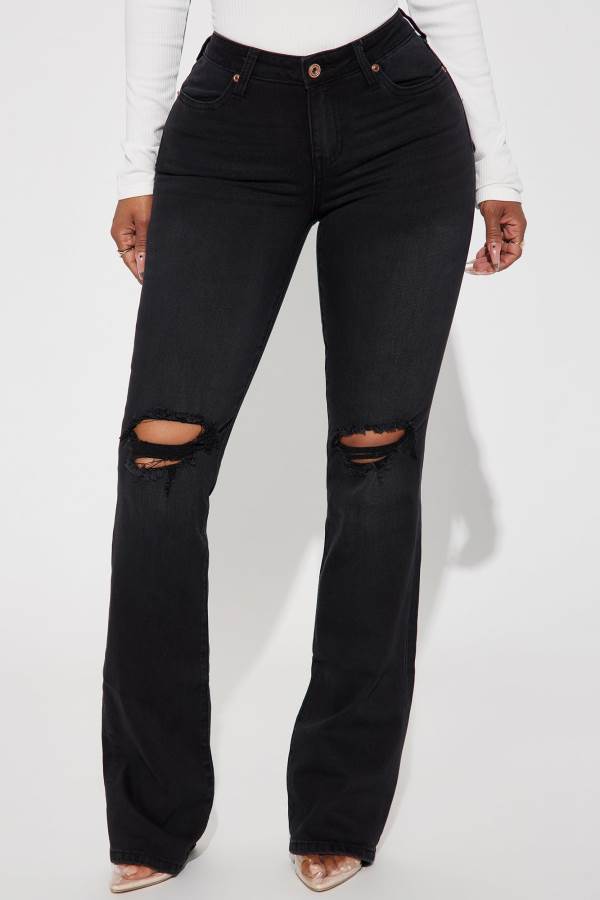 Black Fashion Nova Jessie Mid Rise Distressed Bootcut Women Jeans USA | 874923FPB