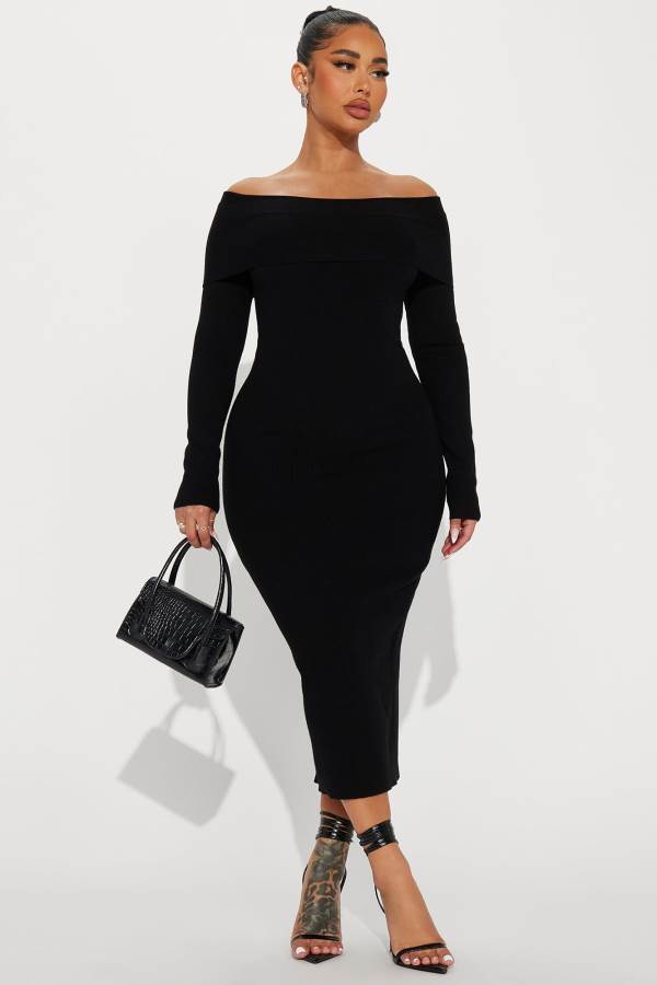 Black Fashion Nova Josie Sweater Midi Women Dress USA | 827691TGN