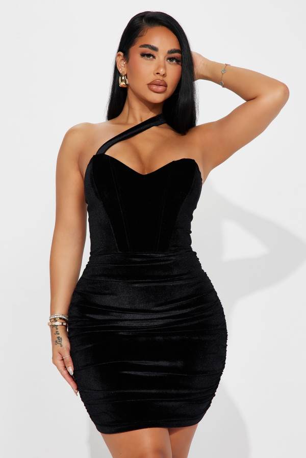 Black Fashion Nova Juliet Velvet Mini Women Dress USA | 359610CRM