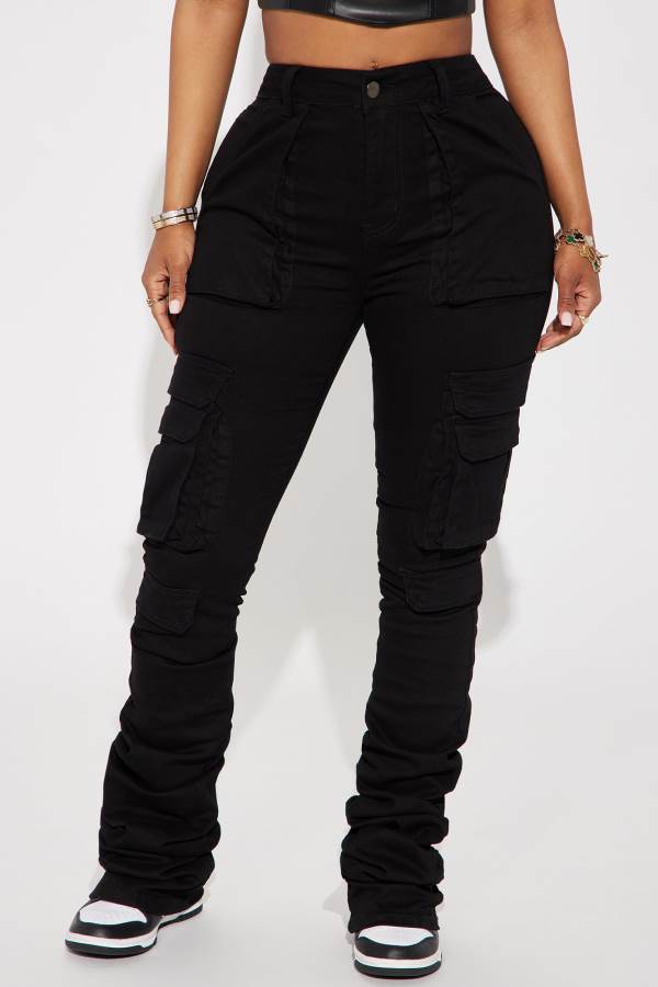 Black Fashion Nova Just Like That Cargo Stacked Women Pants USA | 463170EDC