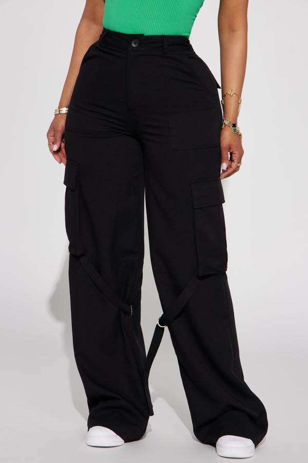 Black Fashion Nova Justine Strappy Wide Leg Cargo Women Pants USA | 954280VQL