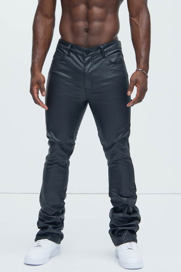 Black Fashion Nova Keep It Solid Faux Leather Stacked Skinny Flare Men Pants USA | 587013BCX