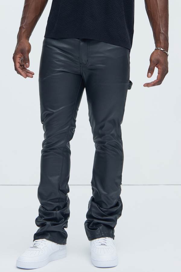 Black Fashion Nova Keep It Solid Faux Leather Stacked Skinny Flare Men Pants USA | 587013BCX