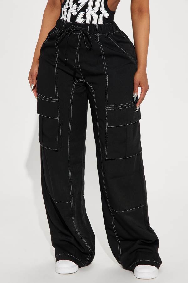 Black Fashion Nova Keep Me Entertained Wide Leg Cargo Women Pants USA | 524639LHE