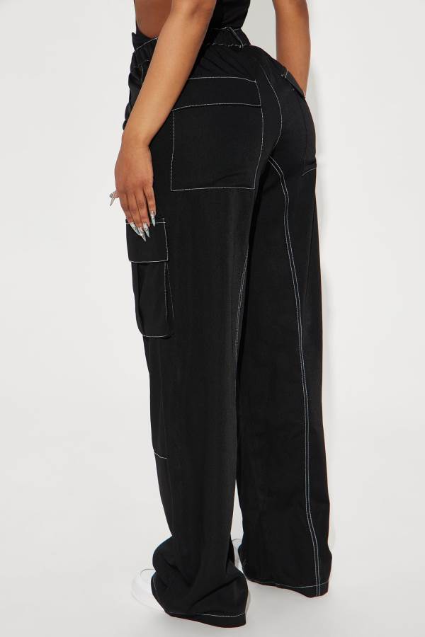 Black Fashion Nova Keep Me Entertained Wide Leg Cargo Women Pants USA | 524639LHE