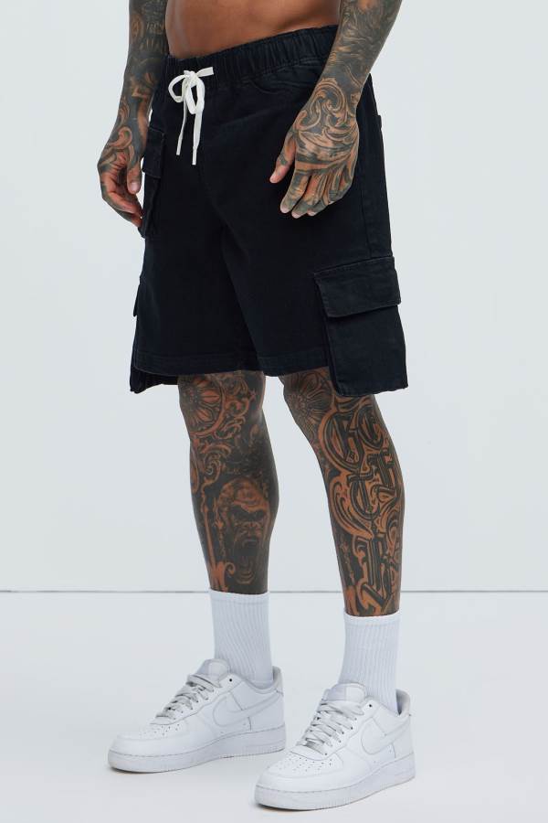 Black Fashion Nova Kickin' It Cargo Denim Men Shorts USA | 072981YFI