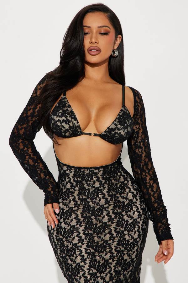 Black Fashion Nova Kylie Long Sleeve Lace Maxi Women Dress USA | 903241IVD