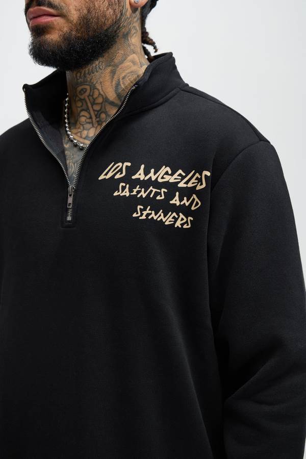 Black Fashion Nova LA Saints Sinners Quarter Zip Men Sweatshirt USA | 471259YGM