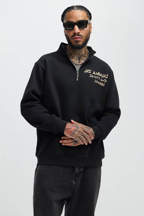 Black Fashion Nova LA Saints Sinners Quarter Zip Men Sweatshirt USA | 471259YGM