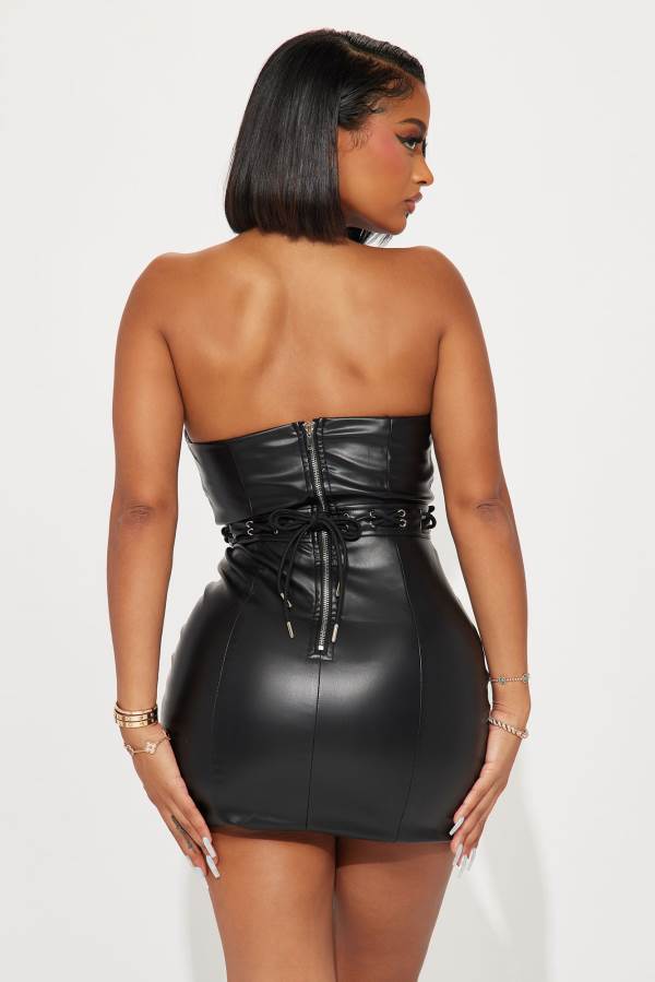 Black Fashion Nova Lace Up Faux Leather Mini Women Dress USA | 579013MSU