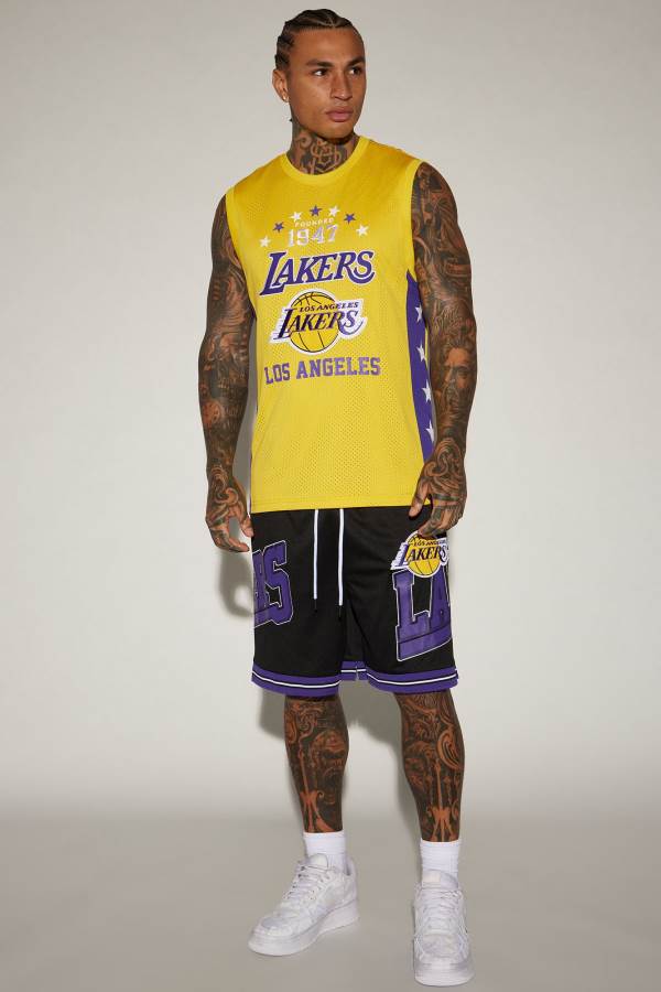 Black Fashion Nova Lakers Step Back Mesh Men Shorts USA | 517492NEA