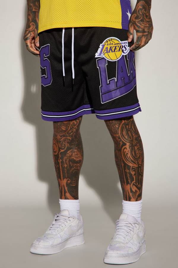 Black Fashion Nova Lakers Step Back Mesh Men Shorts USA | 517492NEA