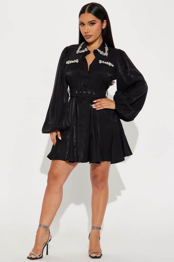 Black Fashion Nova Leah Embellished Mini Shirt Women Dress USA | 185742SFW