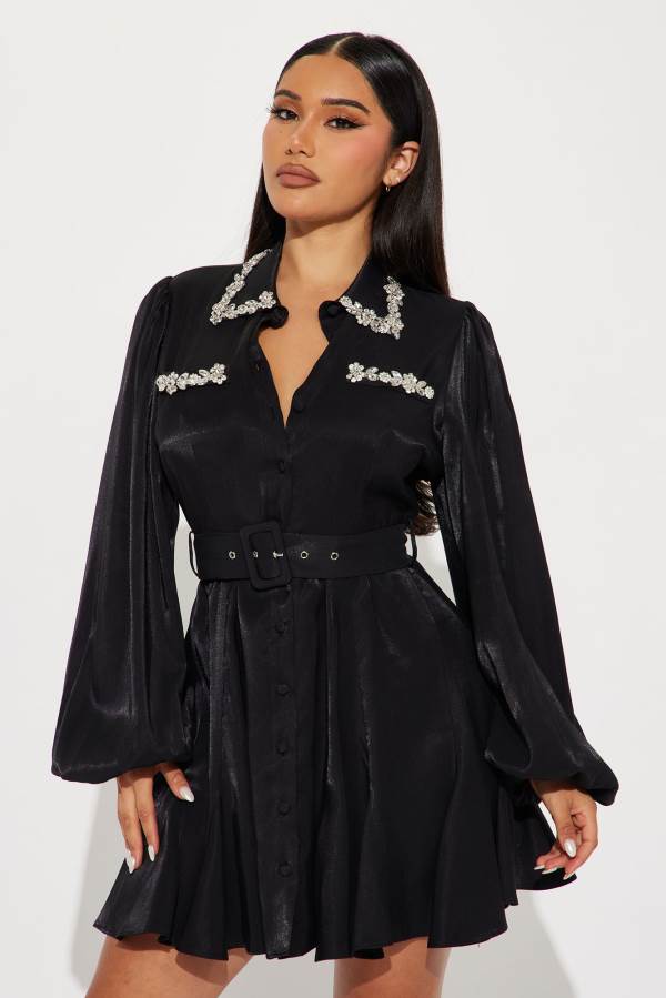 Black Fashion Nova Leah Embellished Mini Shirt Women Dress USA | 185742SFW