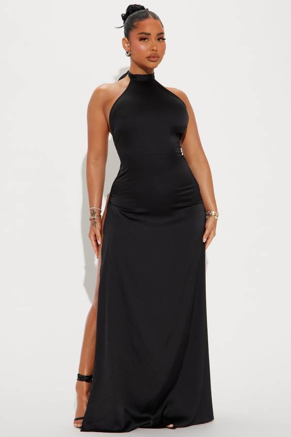 Black Fashion Nova Living Lux Satin Maxi Women Dress USA | 057483BFJ