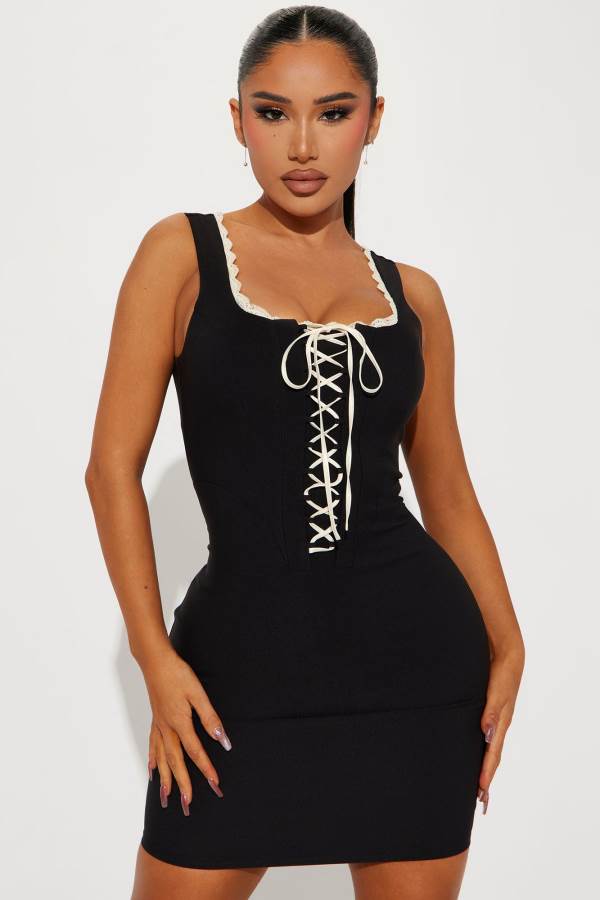 Black Fashion Nova Madelyn Lace Up Mini Women Dress USA | 490716CKJ