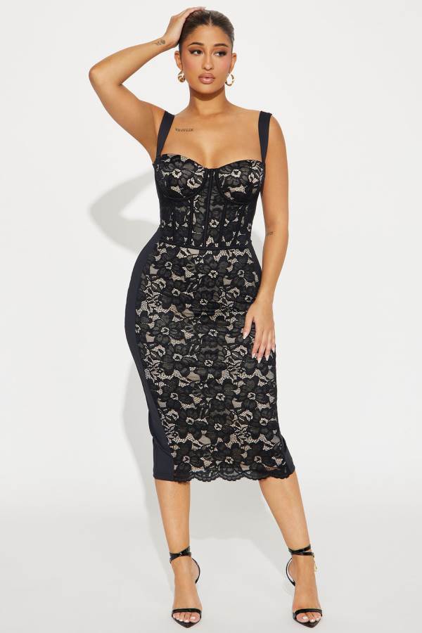 Black Fashion Nova Marilyn Lace Midi Women Dress USA | 893465DOZ