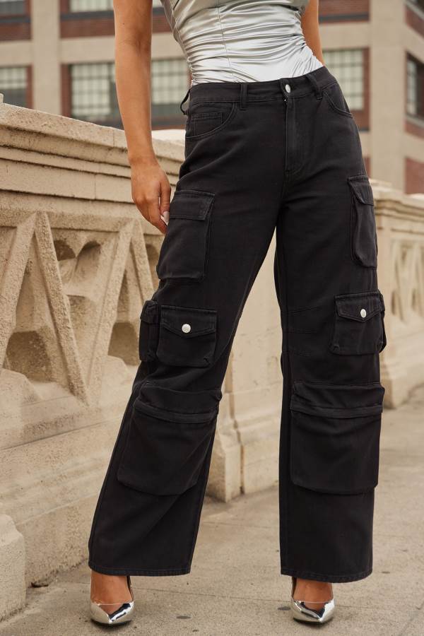 Black Fashion Nova Melrose High Rise Cargo Women Jeans USA | 871602WGP